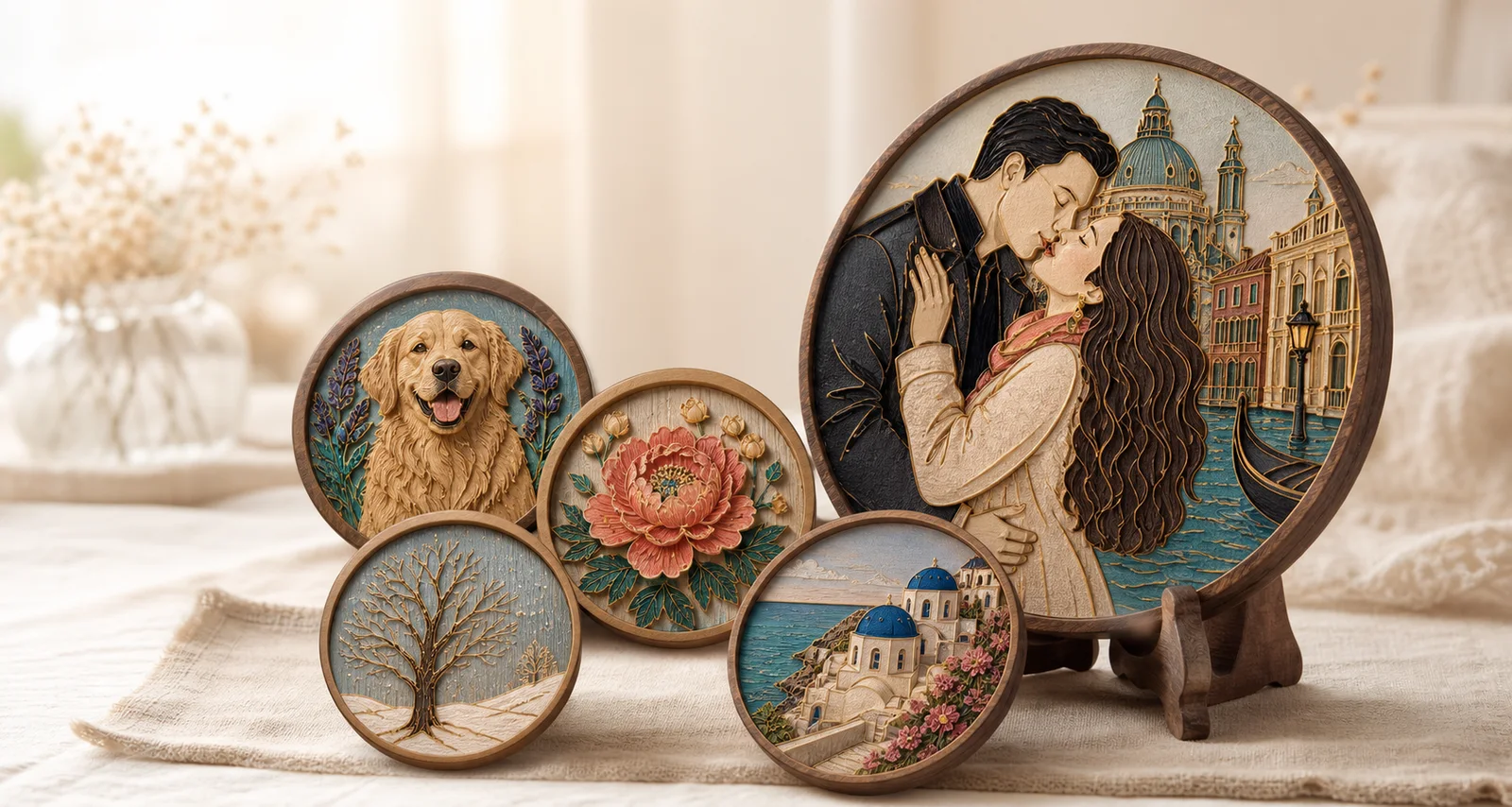 A collection of handcrafted wooden relief artworks featuring a couple, dog, flower, winter tree and Greek village